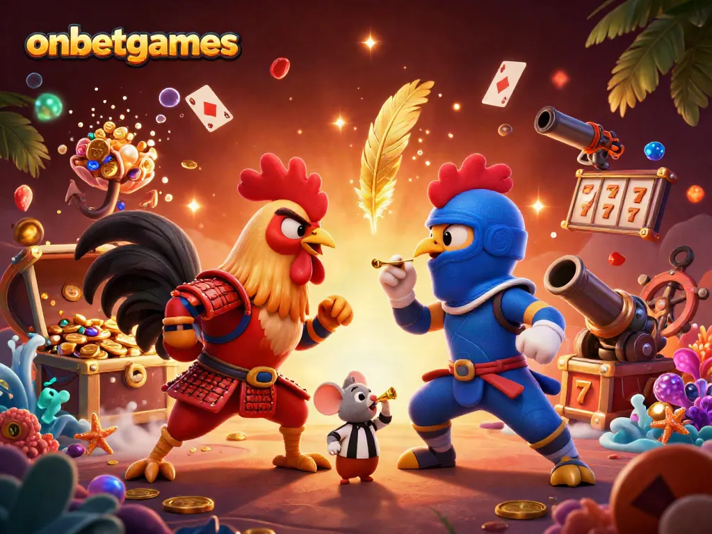 Engage in thrilling online casino slots with onbetgames in a vibrant 3D rooster showdown.