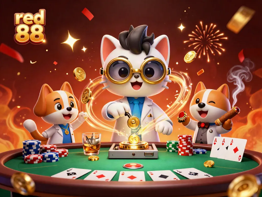 Engaging 3D illustration showcasing the dynamic world of red 88 gaming with cartoon characters, poker elements, and festive atmosphere.