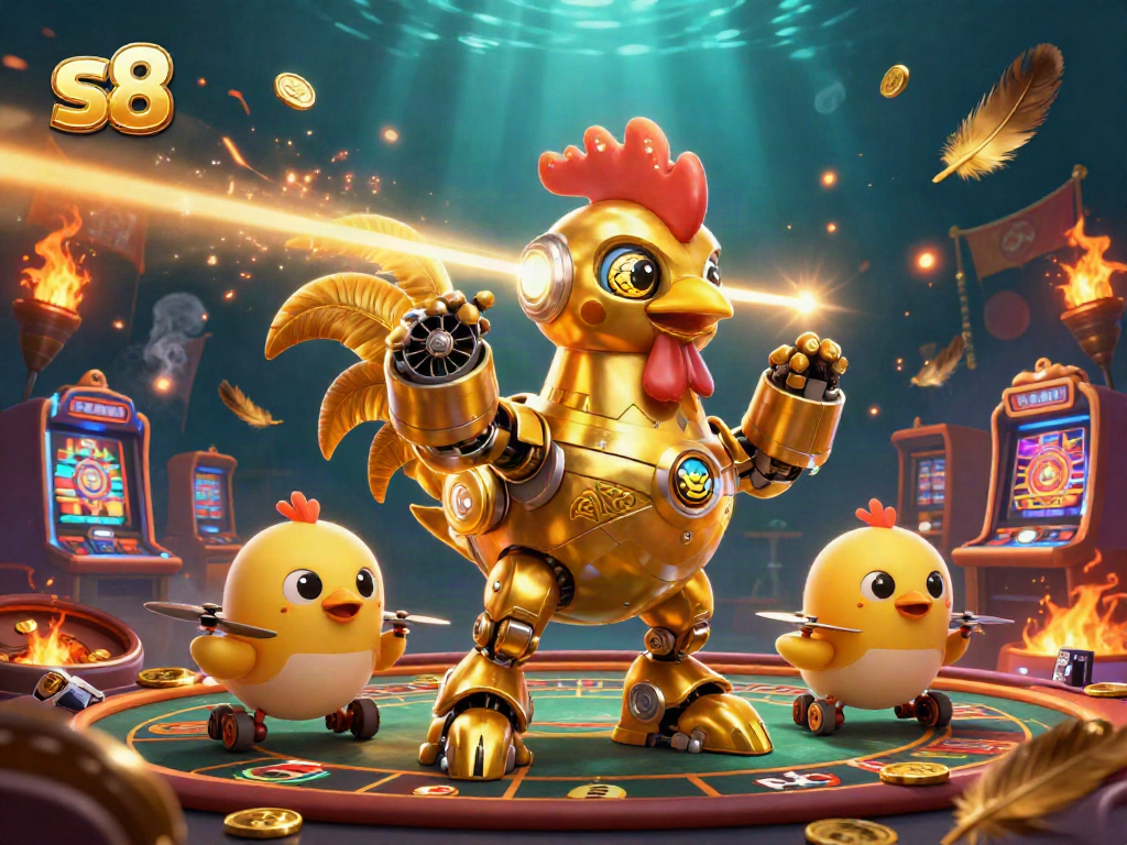 Engage with s8's vibrant casino scene featuring the golden rooster robot and dynamic betting action.