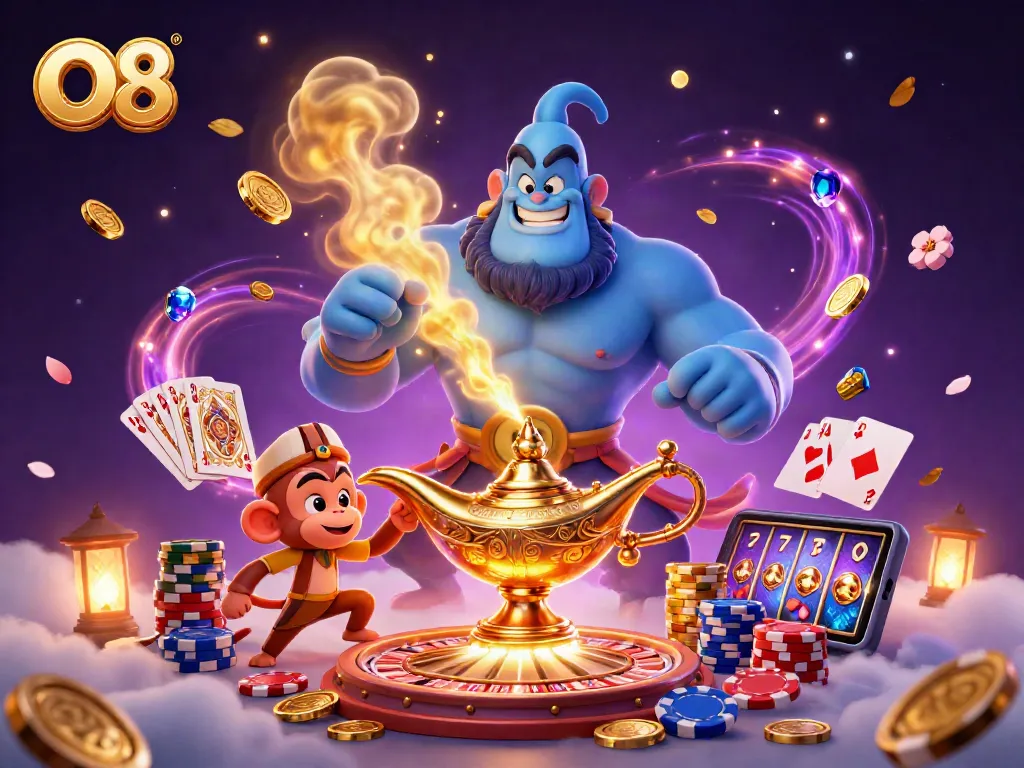 Experience the thrill of O8 as a massive genie emerges among vibrant casino elements, showcasing winning potential.