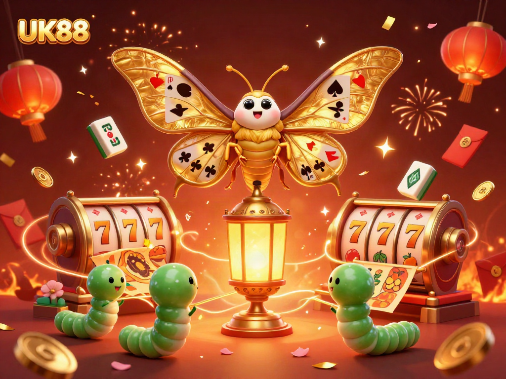 UK88 showcases a vibrant casino atmosphere with a cartoon moth and golden elements enhancing game excitement.