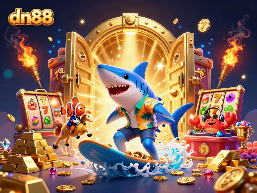 Join the fun at dn88 with 3D cartoon characters celebrating wins in a vibrant casino scene.