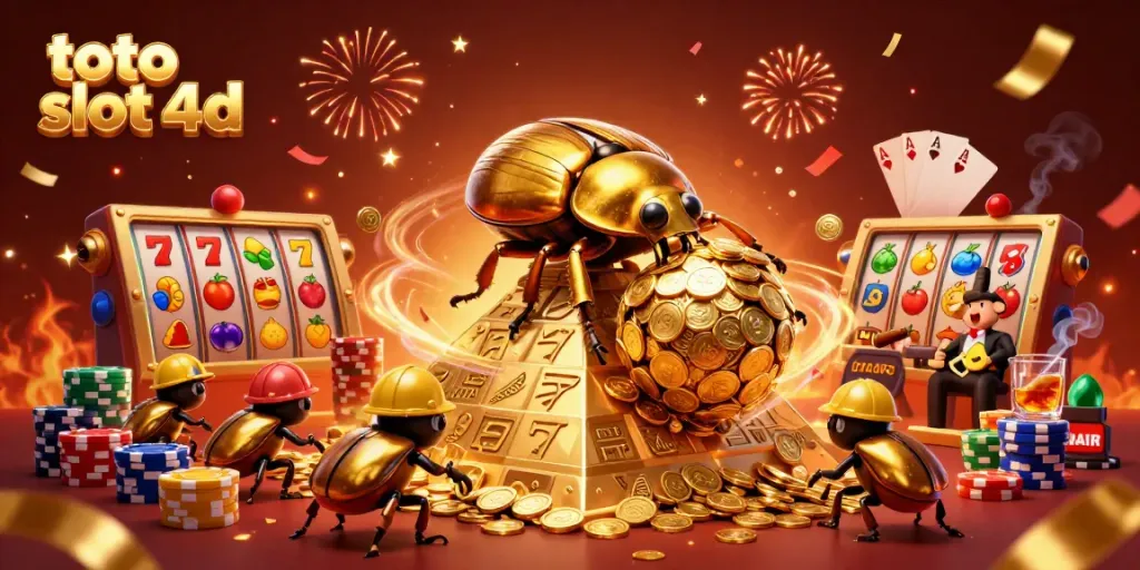 Engage with exciting toto slot 4d visuals featuring golden beetles and dynamic slot elements.