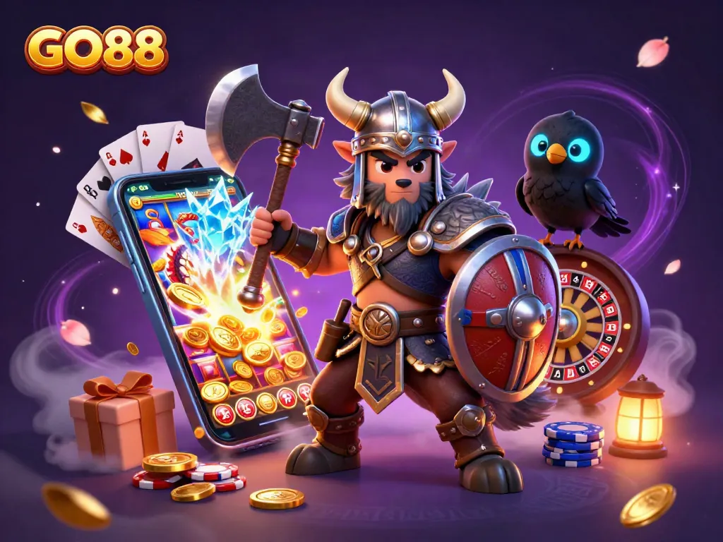 Engage with GO88: a Viking warrior, dragon, and glowing raven in an enchanting casino scene.
