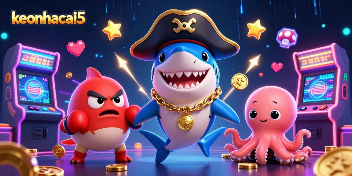 Experience keonhacai5 with dynamic characters like a pirate shark and a pufferfish in an energetic gaming scene.