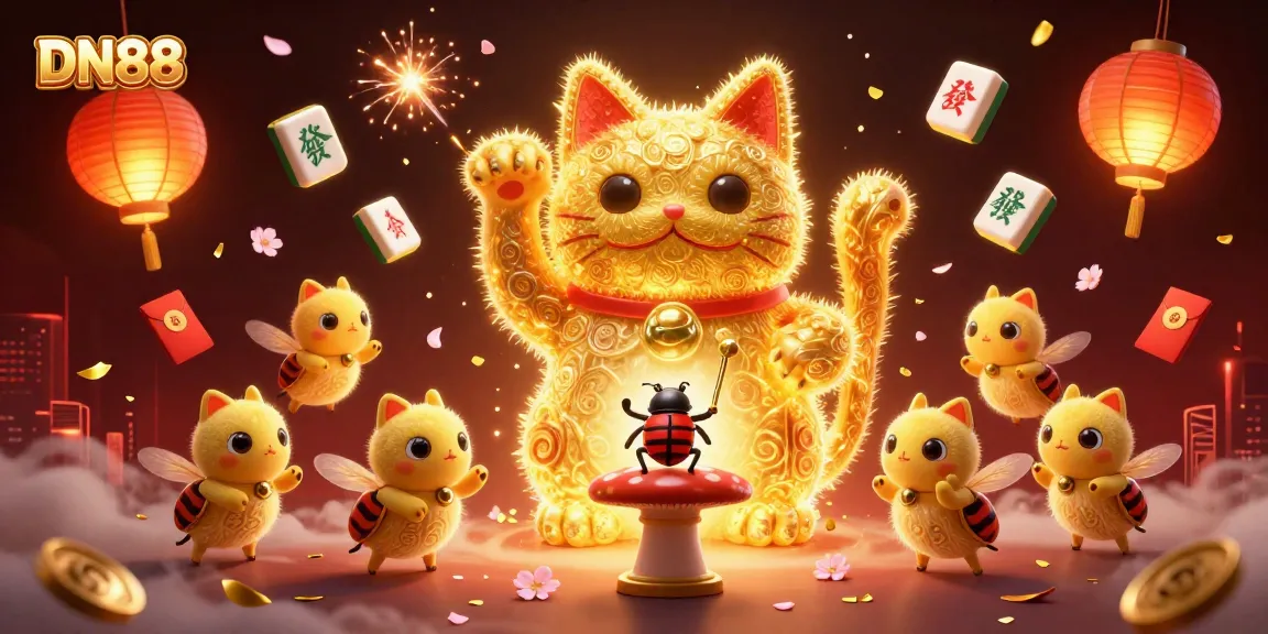 Engage with DN88's thrilling gaming experience, featuring dynamic elements like golden fireflies and casino symbols.