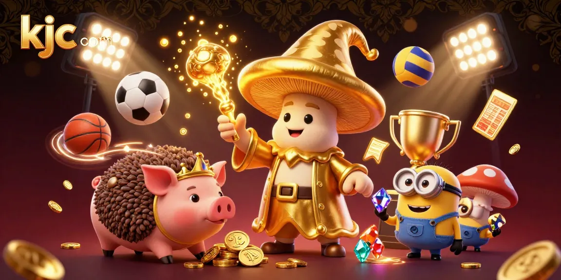 Experience thrilling action at kjc com with a whimsical 3D gaming scene featuring golden magic and sports excitement.