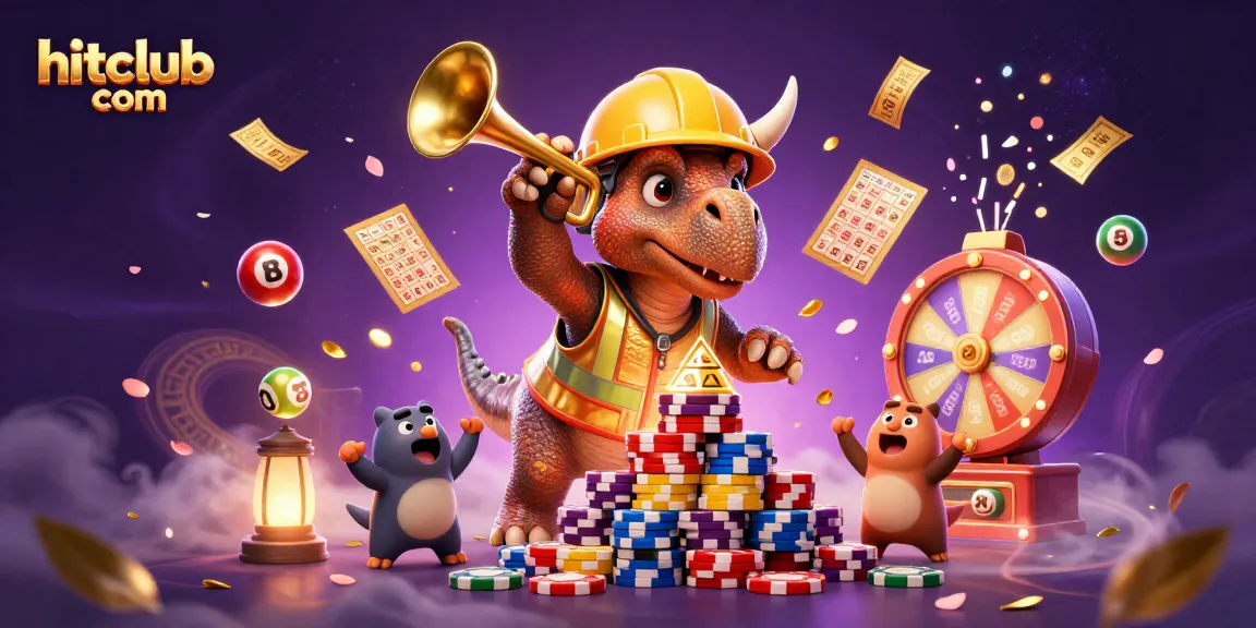 Engage in gameplay at hitclub com with vibrant poker chip pyramids and colorful lottery elements.