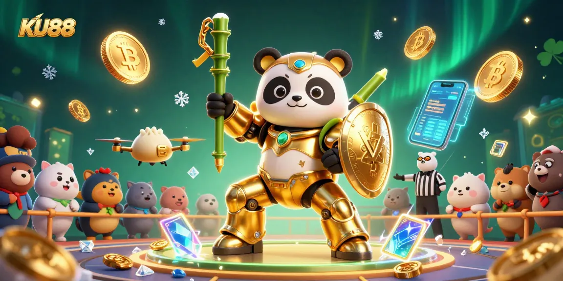 Engage in exciting gameplay at KU88 with a vibrant 3D casino scene filled with crypto elements.