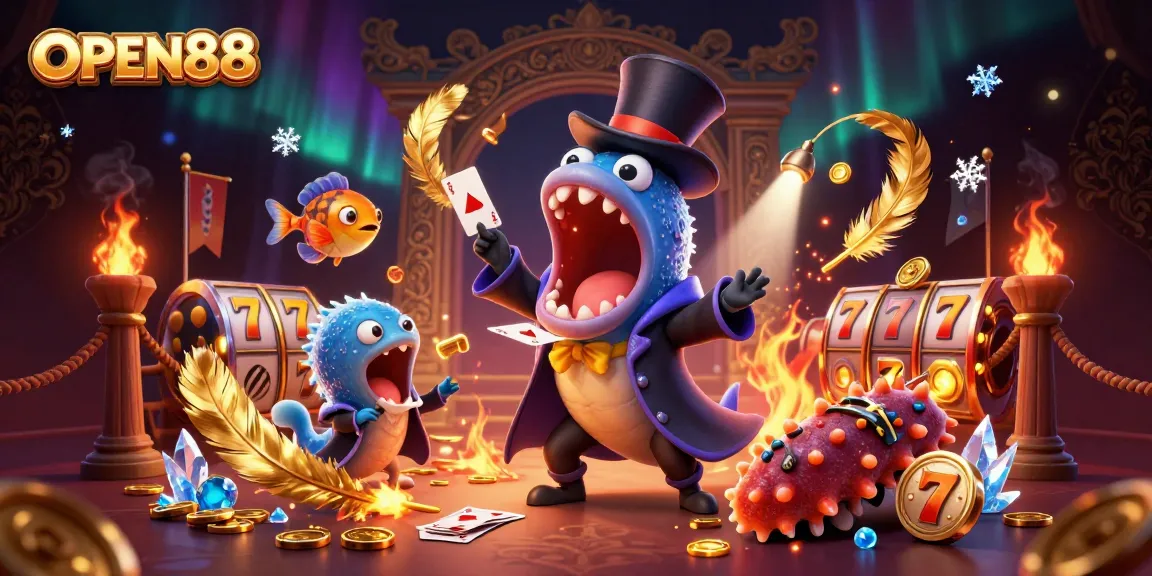 Engaging OPEN88 casino scene featuring a magical deep-sea eel and companions performing tricks.