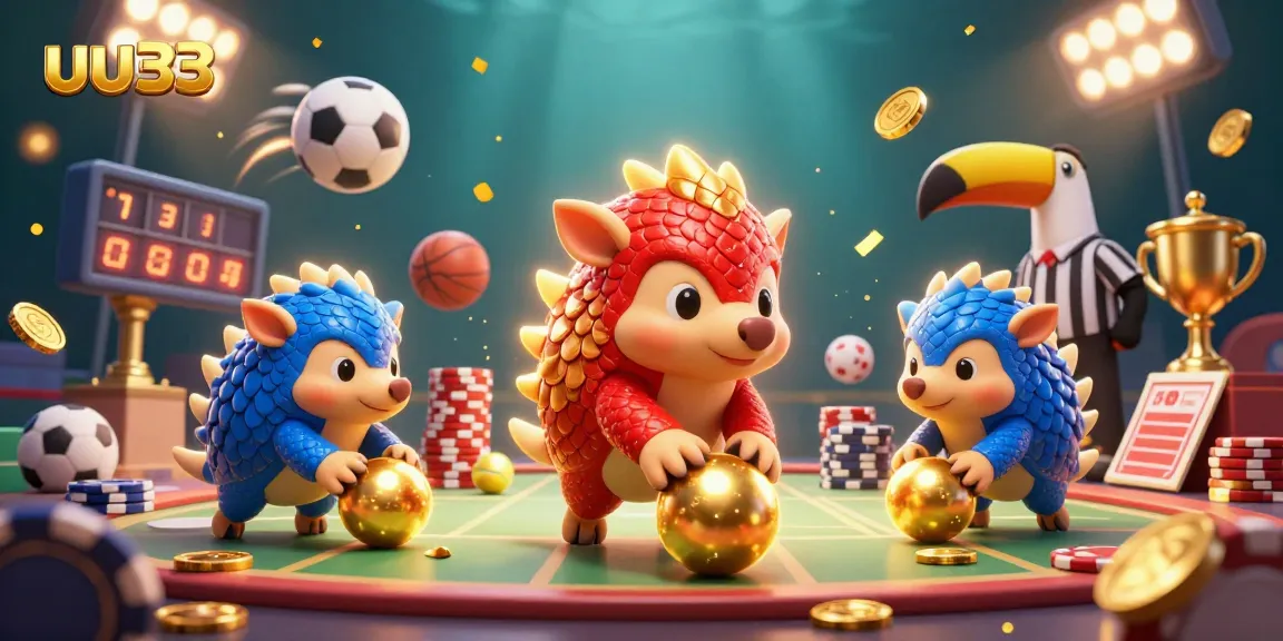 uu33 pangolins competing in a dynamic casino game with colorful sports balls and chips.