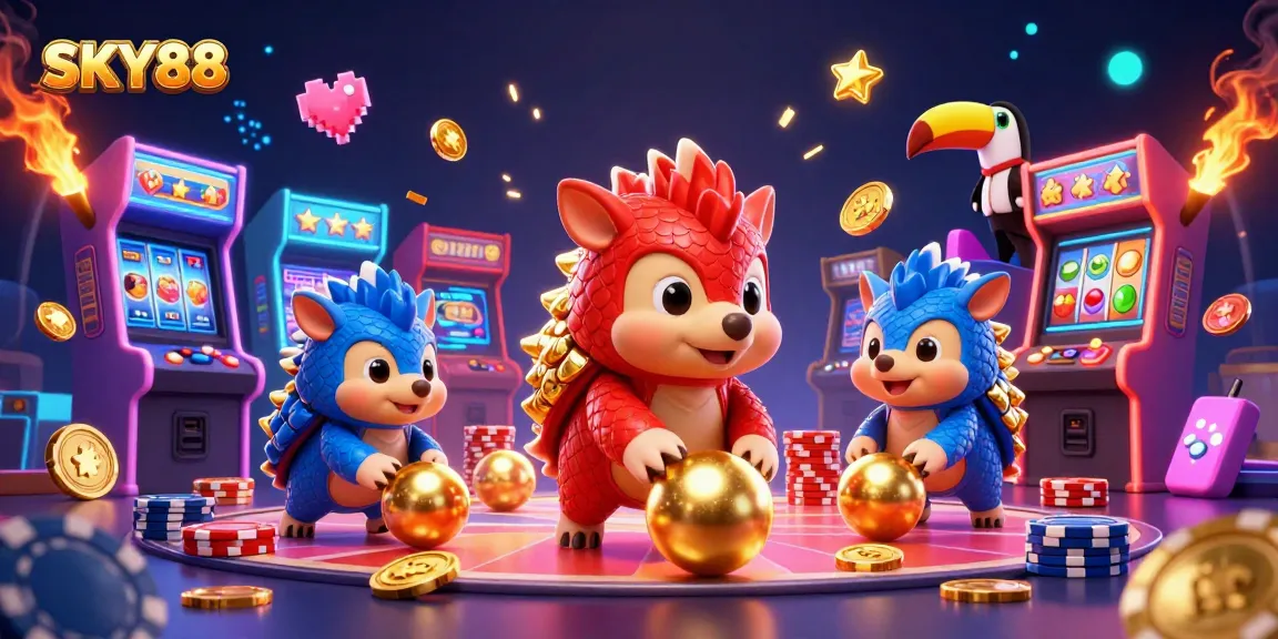 Experience thrilling gaming action with SKY88 as rival pangolins compete in a vibrant casino atmosphere.
