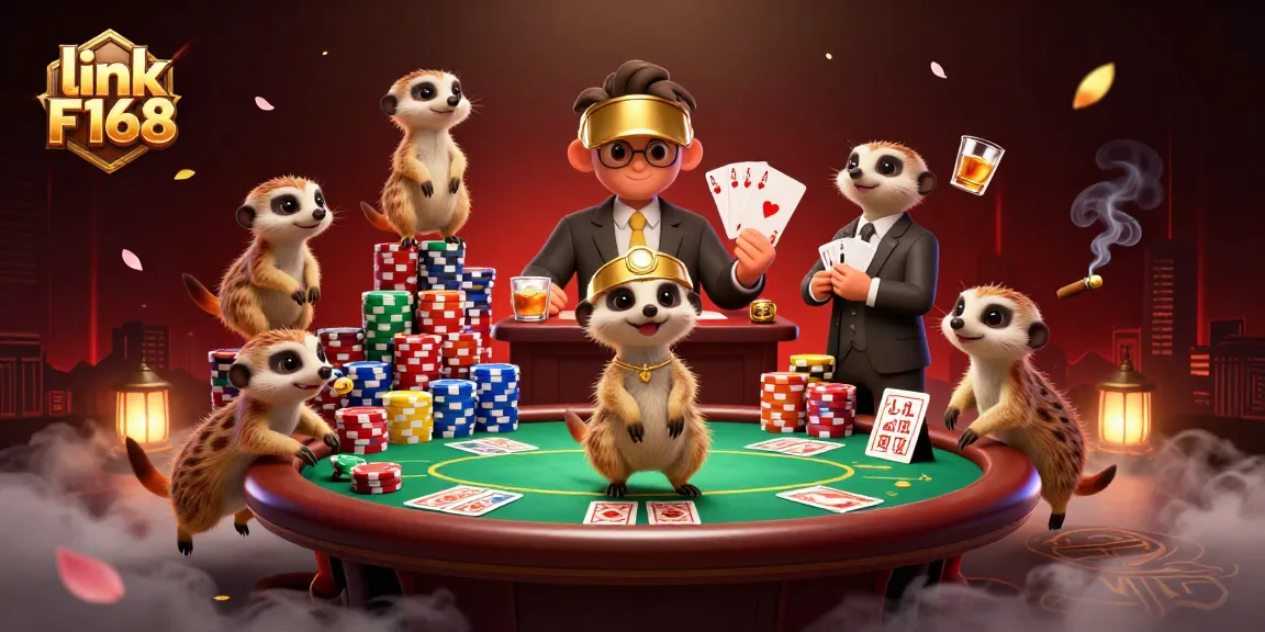 Engage with the thrilling world of link F168 as meerkats masterfully operate a bustling casino backdrop, showcasing vibrant poker action.