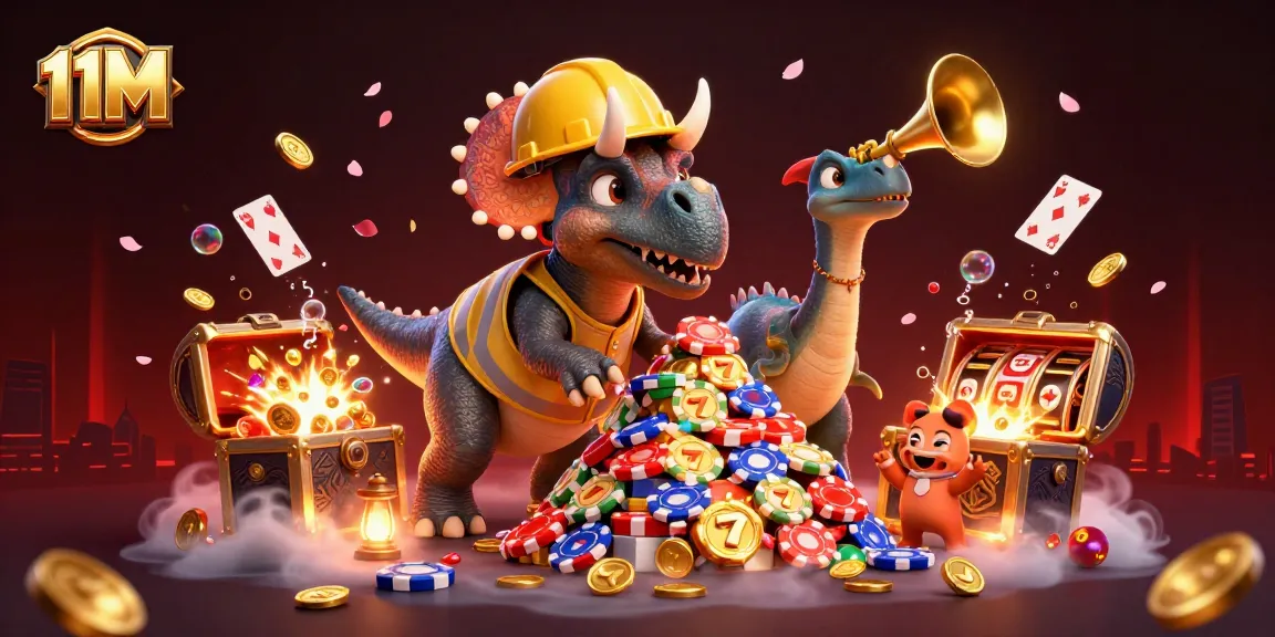 Join the excitement of 11M as a triceratops builds a poker chip pyramid in a vibrant casino scene.