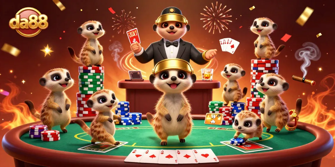 Join the da88 meerkat casino crew amidst chips, cards, and vibrant excitement.