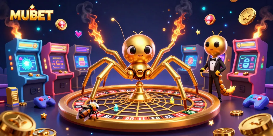 MUBET inspires excitement as a fly bets nervously beside a giant roulette web spun by a golden spider.