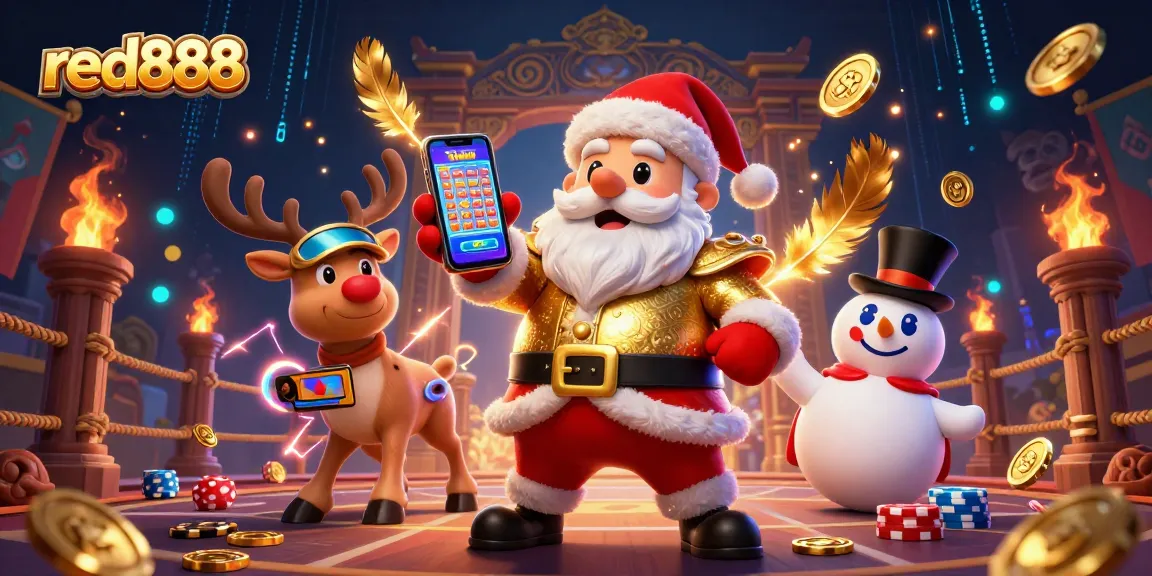 Experience red888's vibrant casino thrills with Santa, a reindeer dealer, and a poker chip snowman!