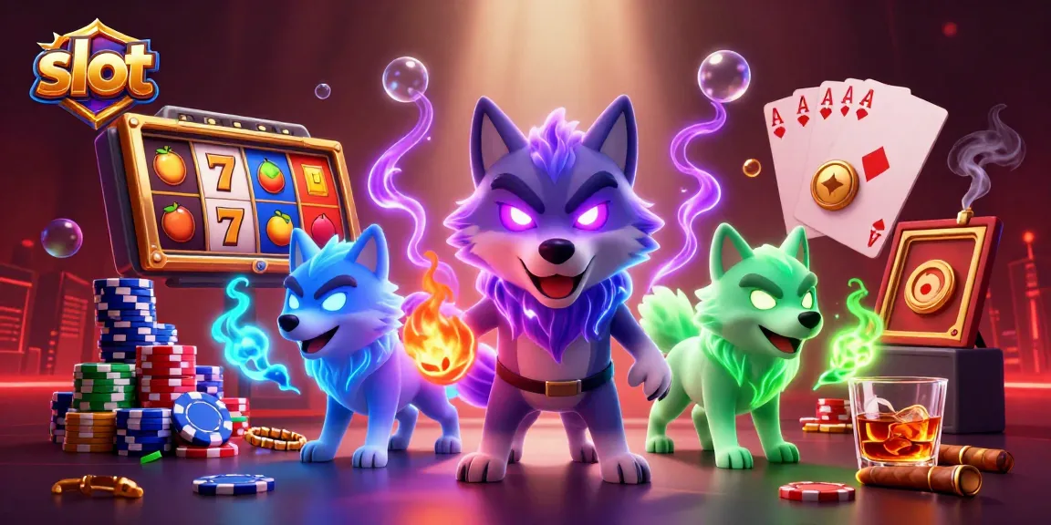 Spin slot reels featuring glowing wolf characters and vibrant poker elements.