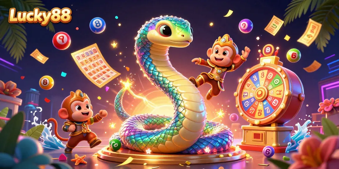 Experience the vibrant excitement of Lucky88 with a dynamic playful scene of casino elements.