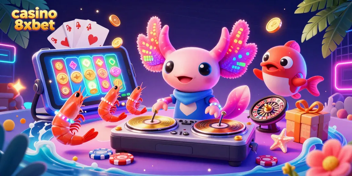 Engaging scene showcasing casino 8xbet with vibrant axolotl DJ, slot games, and festive underwater elements.