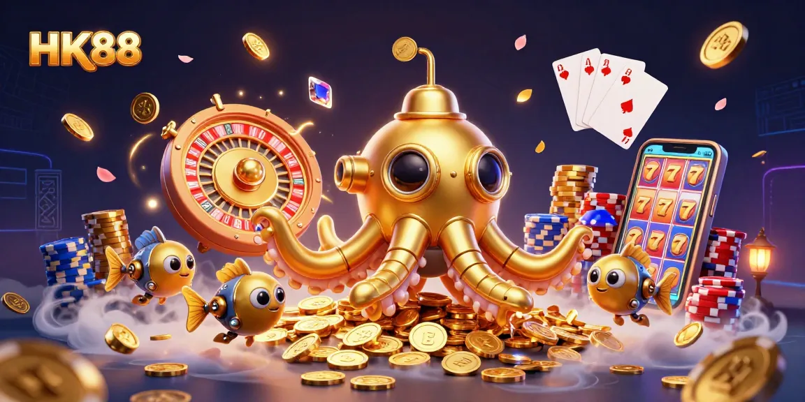 HK88 excitement unfolds in a vibrant casino scene with golden coins and dynamic gaming elements