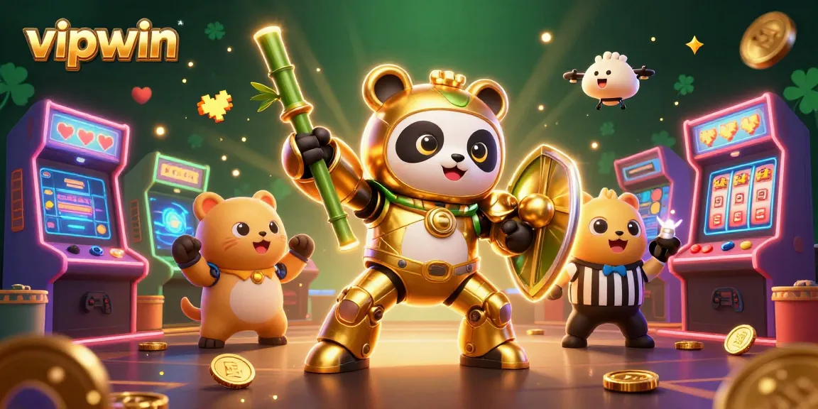 Experience thrilling game action at vipwin with a mech-suit panda in a colorful casino setting filled with dynamic gaming elements.