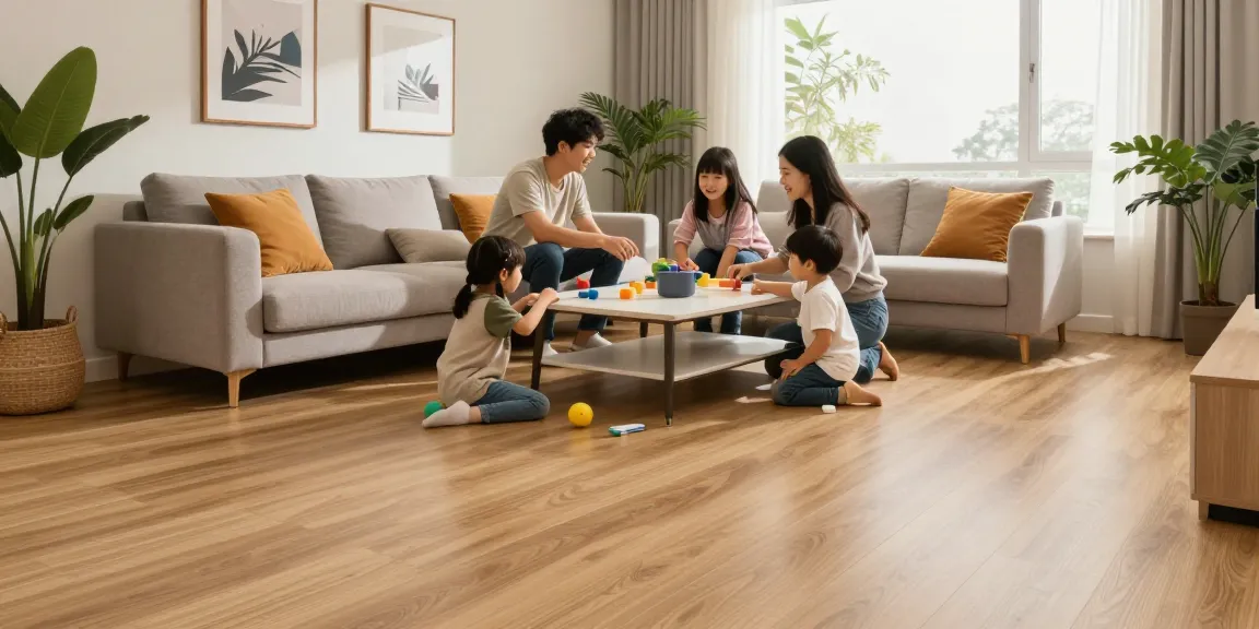 Affordable laminate flooring ideas showcased in a cozy living room with family enjoying the space.
