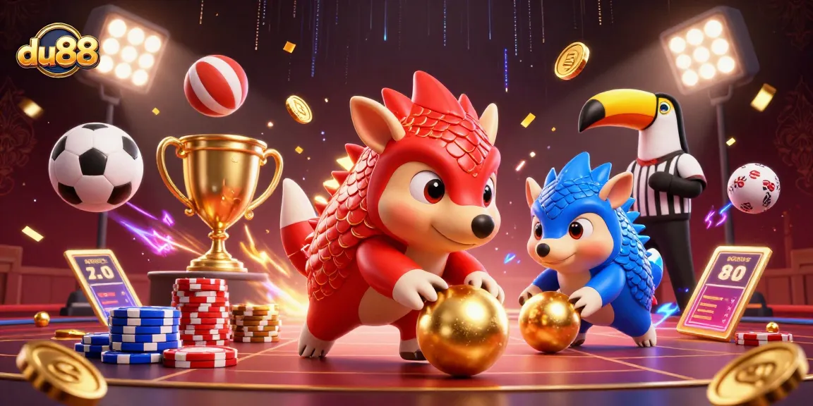Engage with du88's thrilling casino environment featuring dynamic pangolins interacting with golden poker chips.