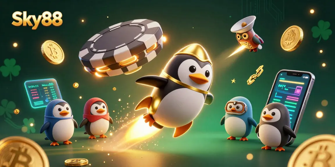Bet on Sky88 with a vibrant 3D illustration featuring a penguin and crypto elements amidst golden coins.