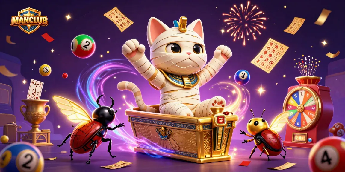 Join the excitement at MANCLUB, where the Egyptian mummy cat and scarab beetle celebrate wins with vibrant casino games.