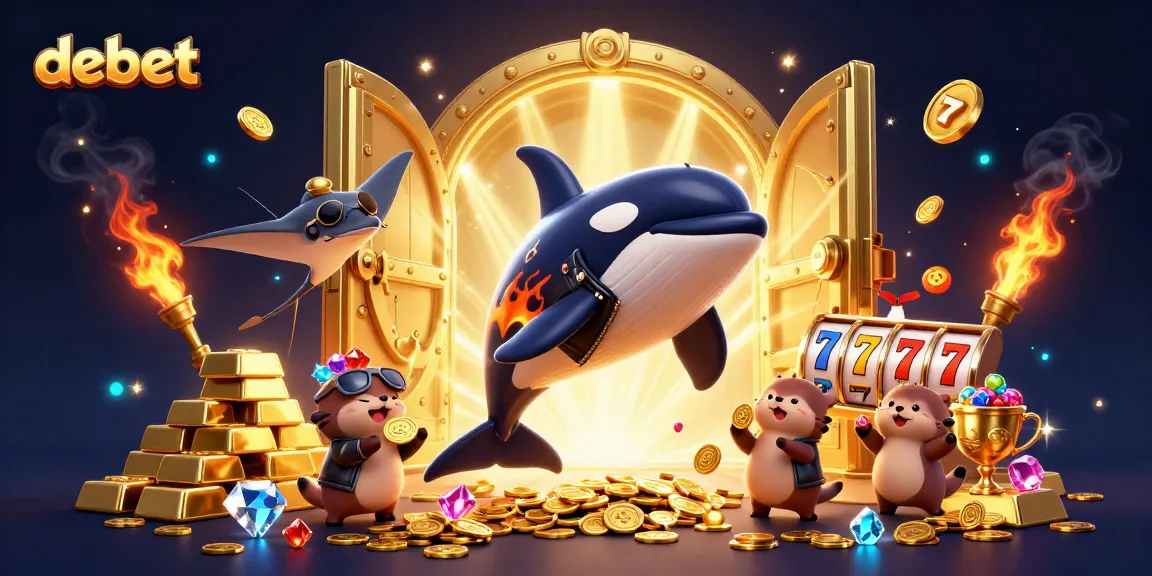 Join the fun with debet as a cartoon orca, stingray, and otters gather gold coins in a vibrant casino scene.