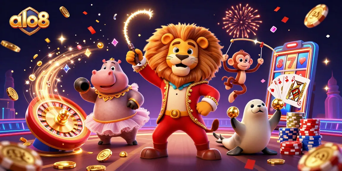 Spin and win exciting jackpots with alo8's vibrant casino characters and dynamic game elements featuring a circus theme.