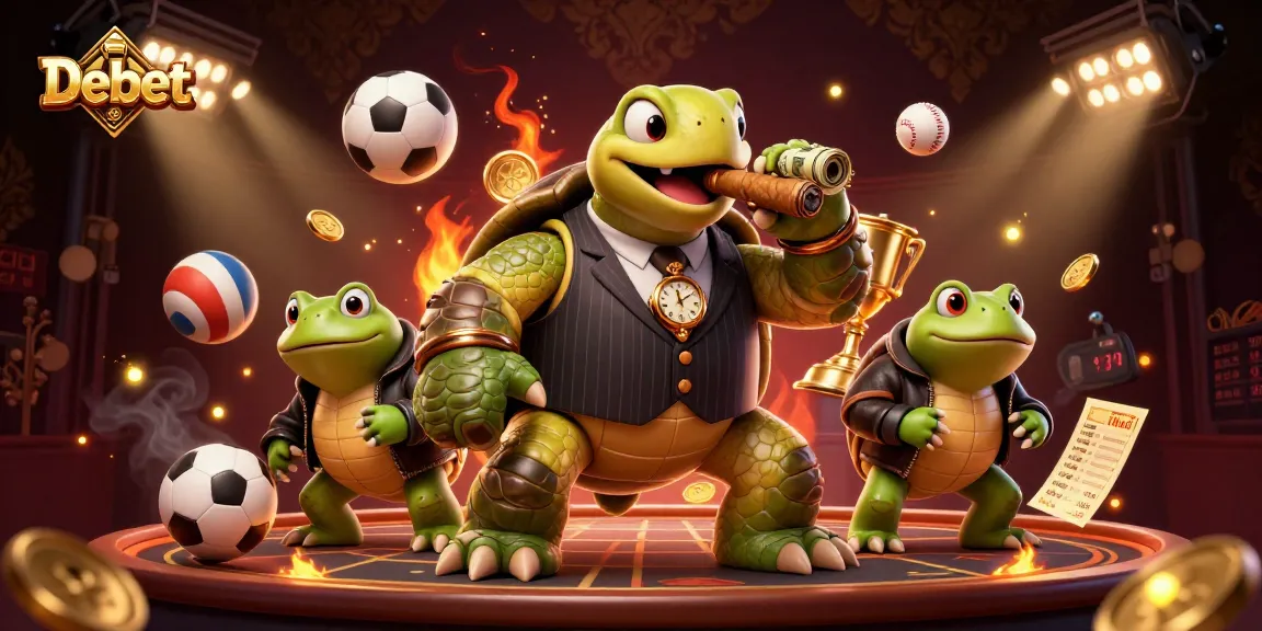 Experience the thrill of Debet with dynamic characters and sports betting elements in a vibrant casino scene.