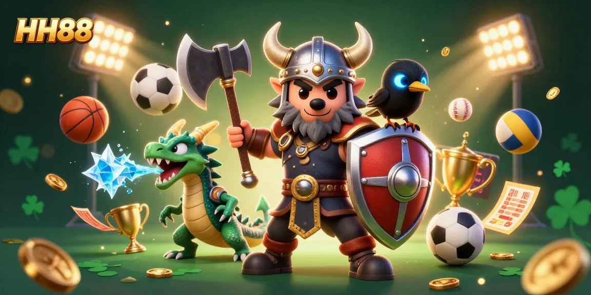 Engage with HH88's thrilling games featuring a Viking warrior and dragon in a dynamic casino scene.