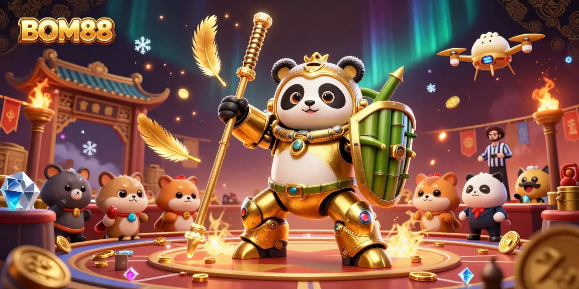 Experience thrilling gameplay at BOM88 casino featuring a golden panda in a mech-suit amidst gold coins and vibrant lights.