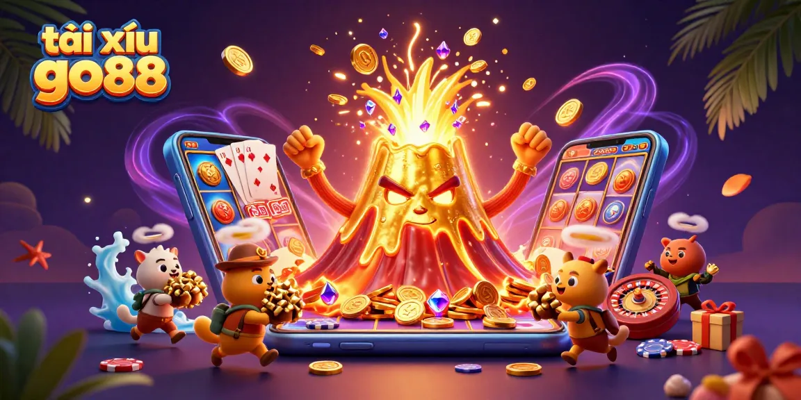 Tài xỉu go88 captivates with a golden volcano erupting coins, treasure, and casino games in a vibrant scene.