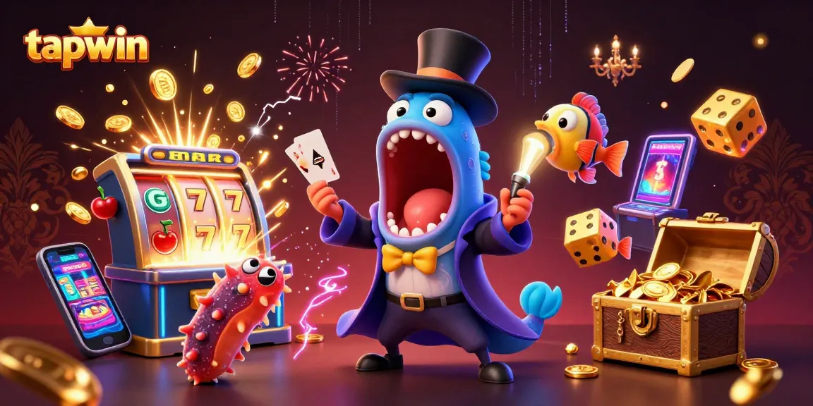 Experience top-tier gaming at tapwin with a bioluminescent eel performing card tricks amidst an explosive jackpot scene.