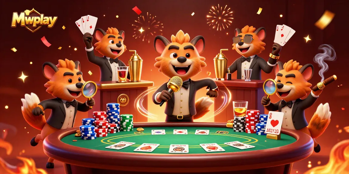 Mwplay welcomes players with a vibrant casino atmosphere featuring hyenas in a comedic scene of gaming excitement.