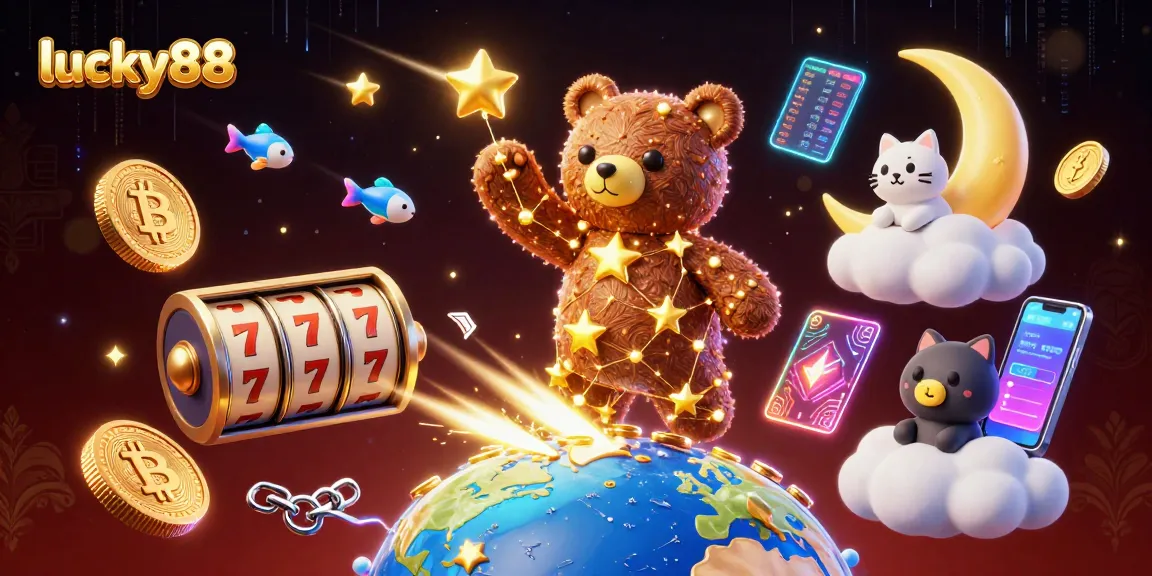 Spin to win with lucky88 slot game illustration featuring cartoon bear and golden coins.