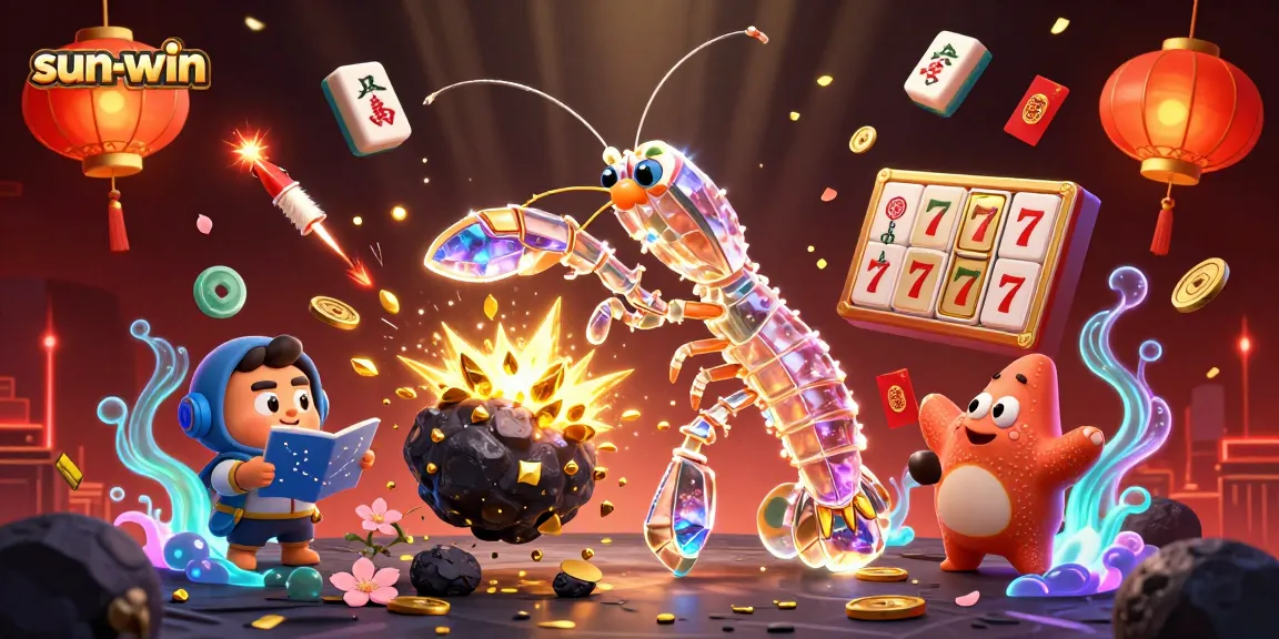 Experience the thrill of sun-win as a galactic mantis shrimp punches through asteroids to reveal treasures in this captivating casino scene.