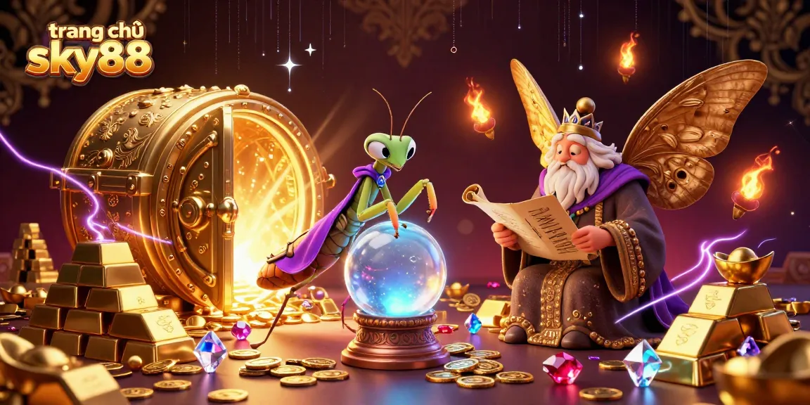 Engage with the mystical world of trang chủ sky88, featuring a 3D mantis fortune teller, ancient scrolls, and gold treasures.