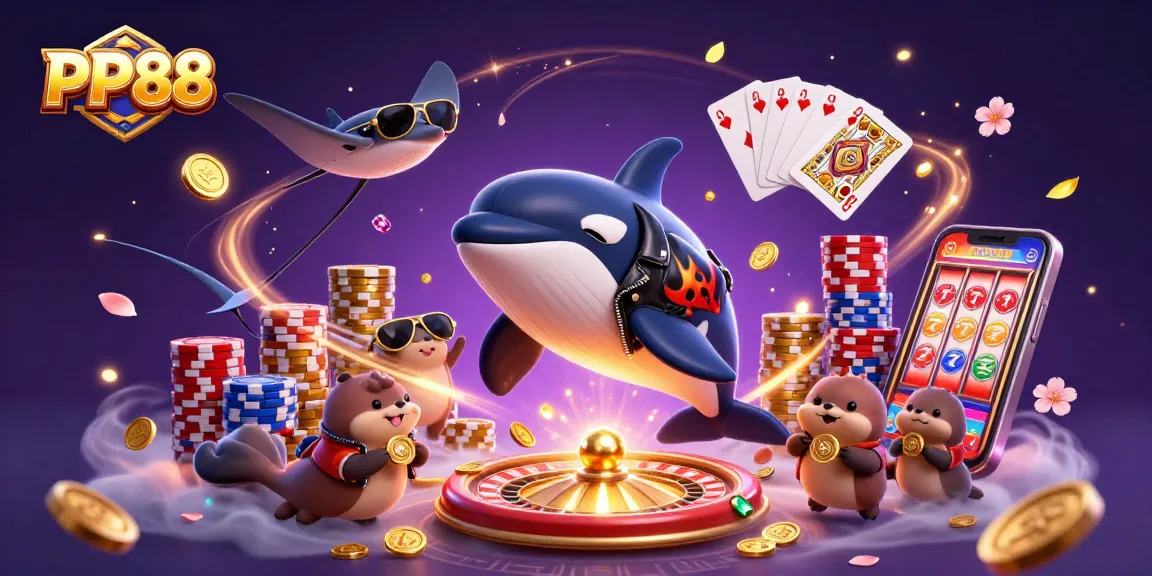 Experience thrilling bets with PP88 in a vibrant casino scene featuring an orca and otters