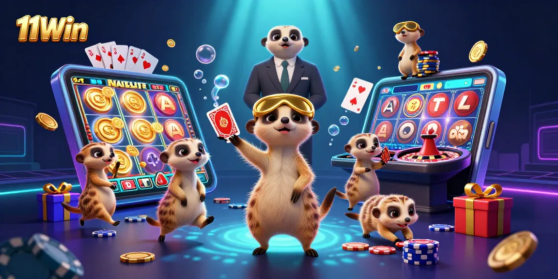Experience the excitement of 11Win with a lively meerkat casino operation, showcasing dynamic gaming elements and rich details.