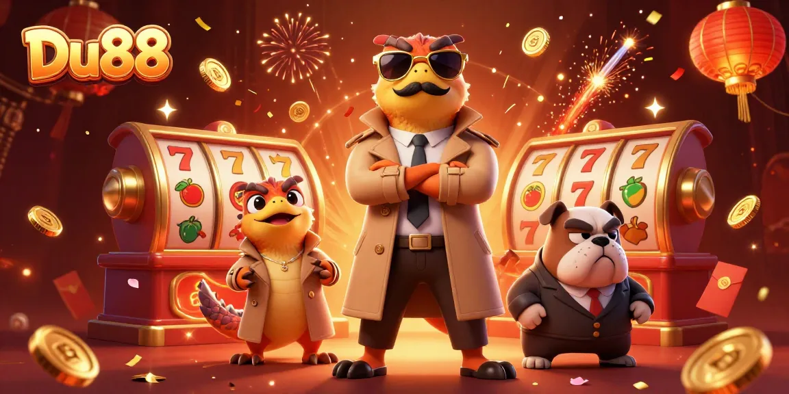 Dive into the Du88 casino scene with raptors and a bulldog bouncer amidst vibrant game elements.