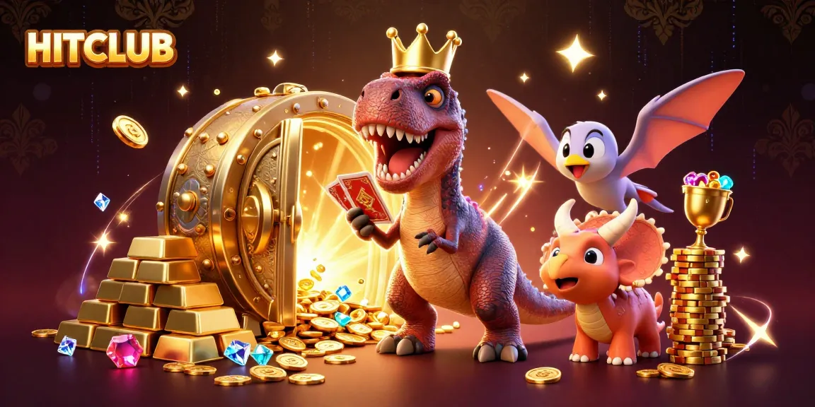 Engage with HITCLUB by experiencing an exciting 3D cartoon casino scene with playful dinosaurs.