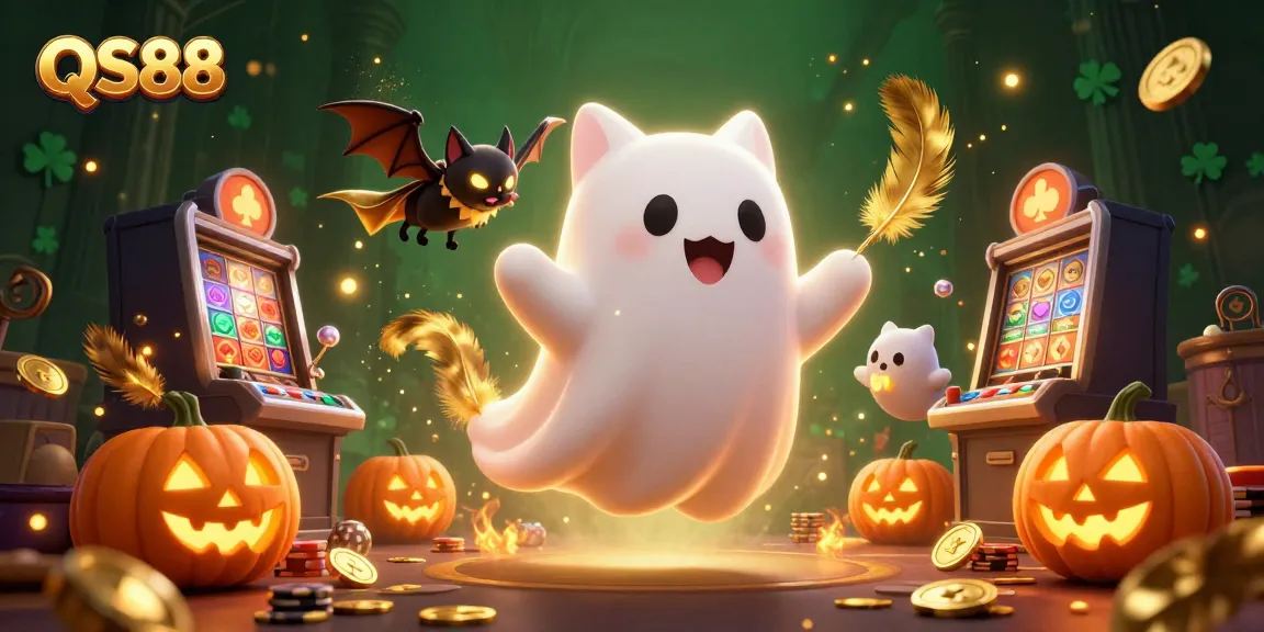 Experience the thrilling QS88 casino with a ghost cat, bat companion, and glowing poker jack-o-lanterns.