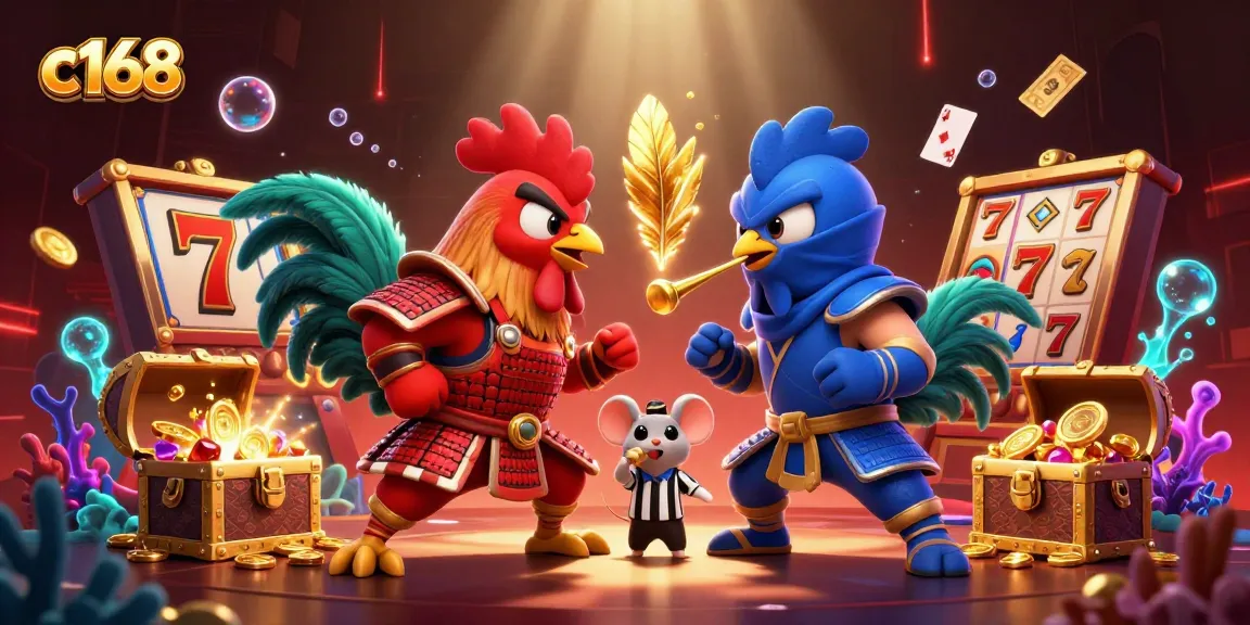 c168 showcases a thrilling standoff with cartoon roosters and casino elements for an engaging gaming experience
