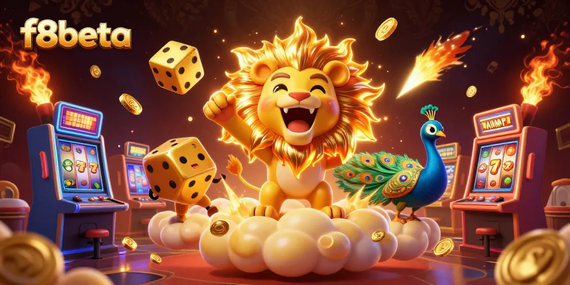 Spin the reels with f8beta in this vibrant casino scene, showcasing golden dice and dynamic game elements.