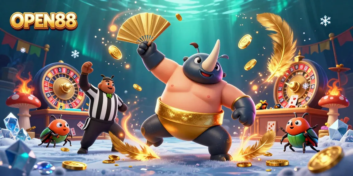 Experience the excitement of OPEN88 with a vibrant casino scene featuring dynamic characters and thrilling game elements.