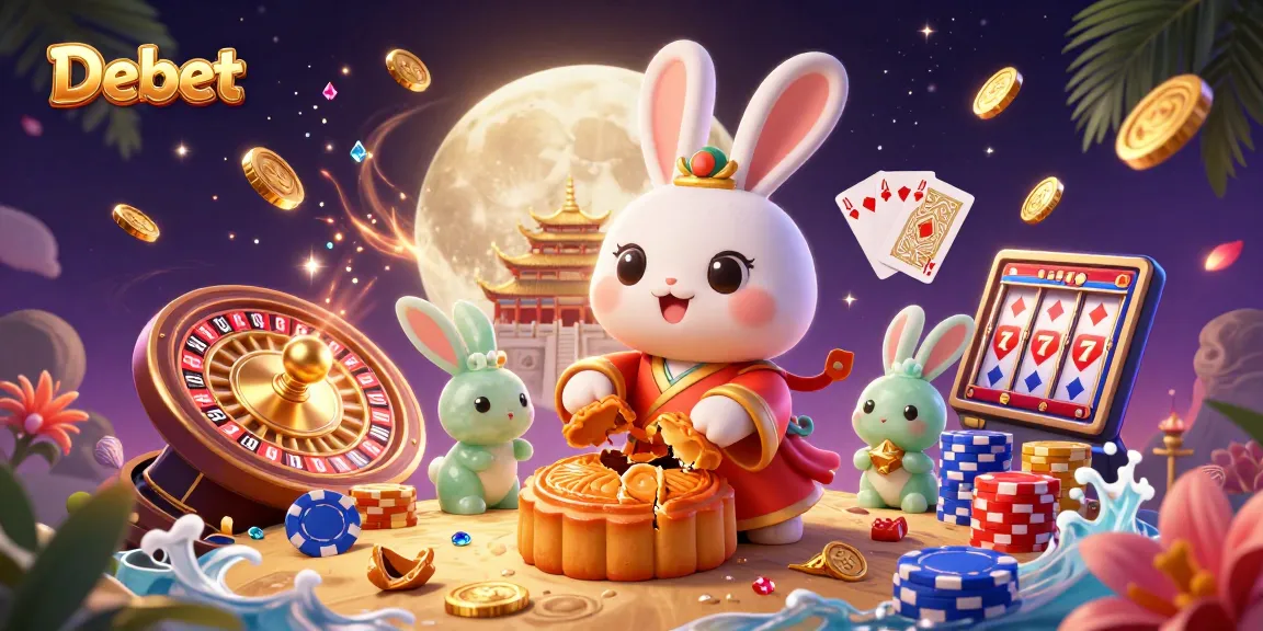 Debet players spinning a roulette wheel among golden mooncakes and vibrant casino elements.
